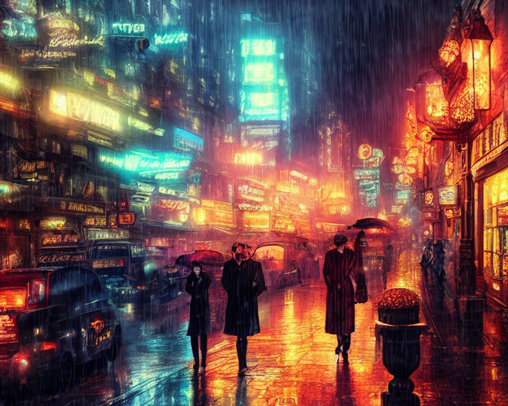 Urban scene: Rainy night, neon lights, wet streets, umbrellas, cars