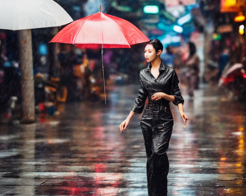 Confident woman with red umbrella in rain-drenched street