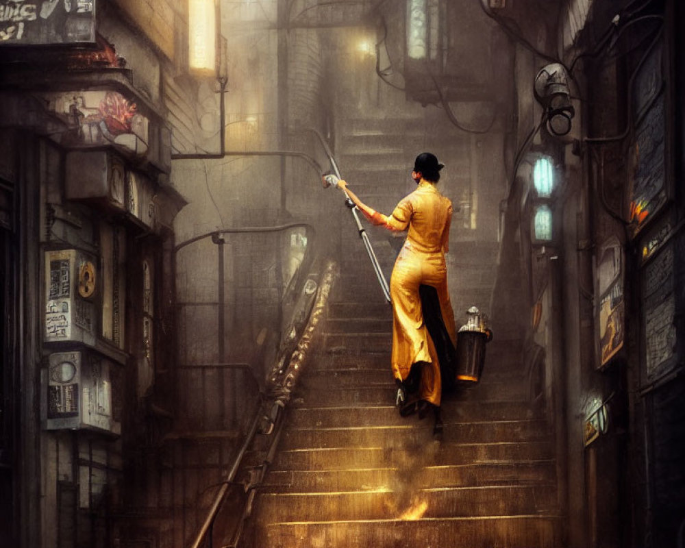 Person in Traditional Attire Ascends Misty Lantern-lit Alleyway