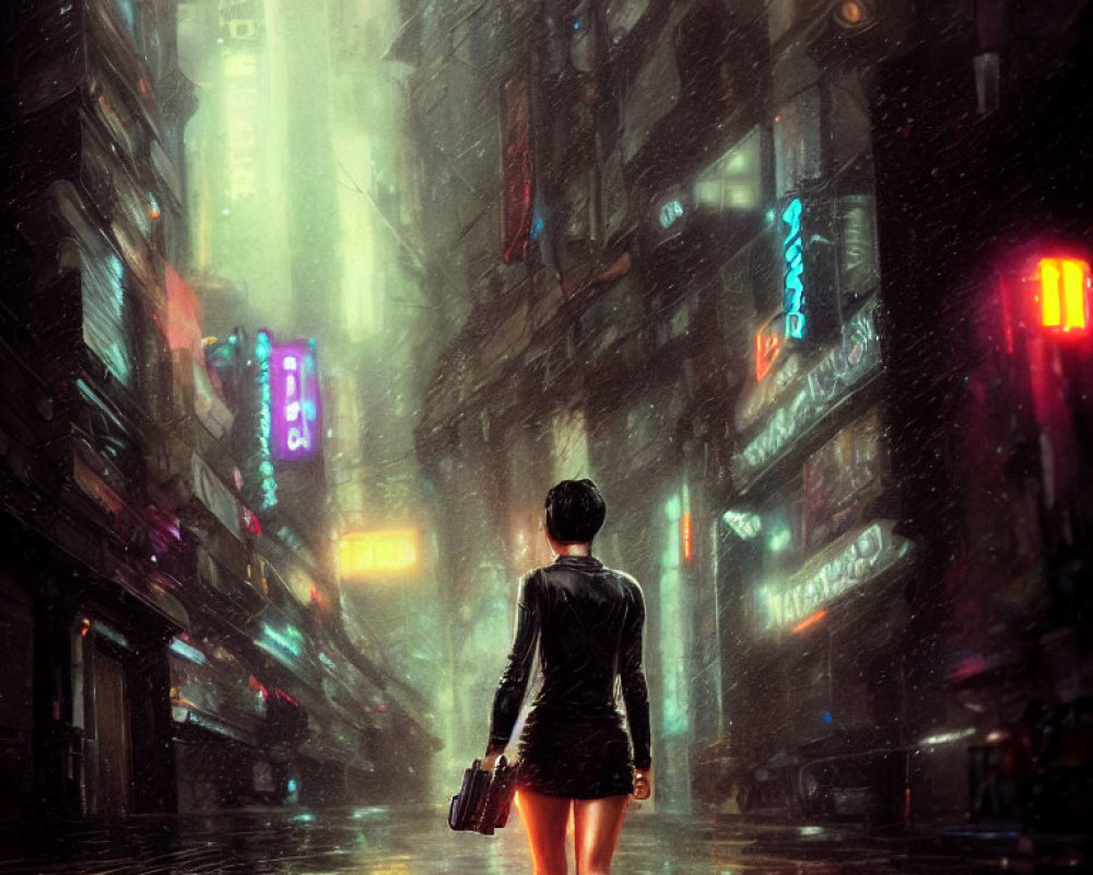 Person in Black Leather Jacket Walking in Rainy Neon-Lit Urban Alleyway