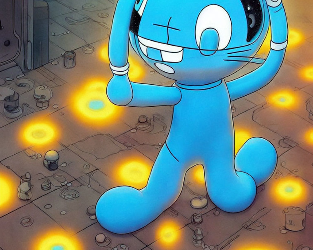 Blue robotic cat character with large head and bell, surrounded by glowing yellow orbs