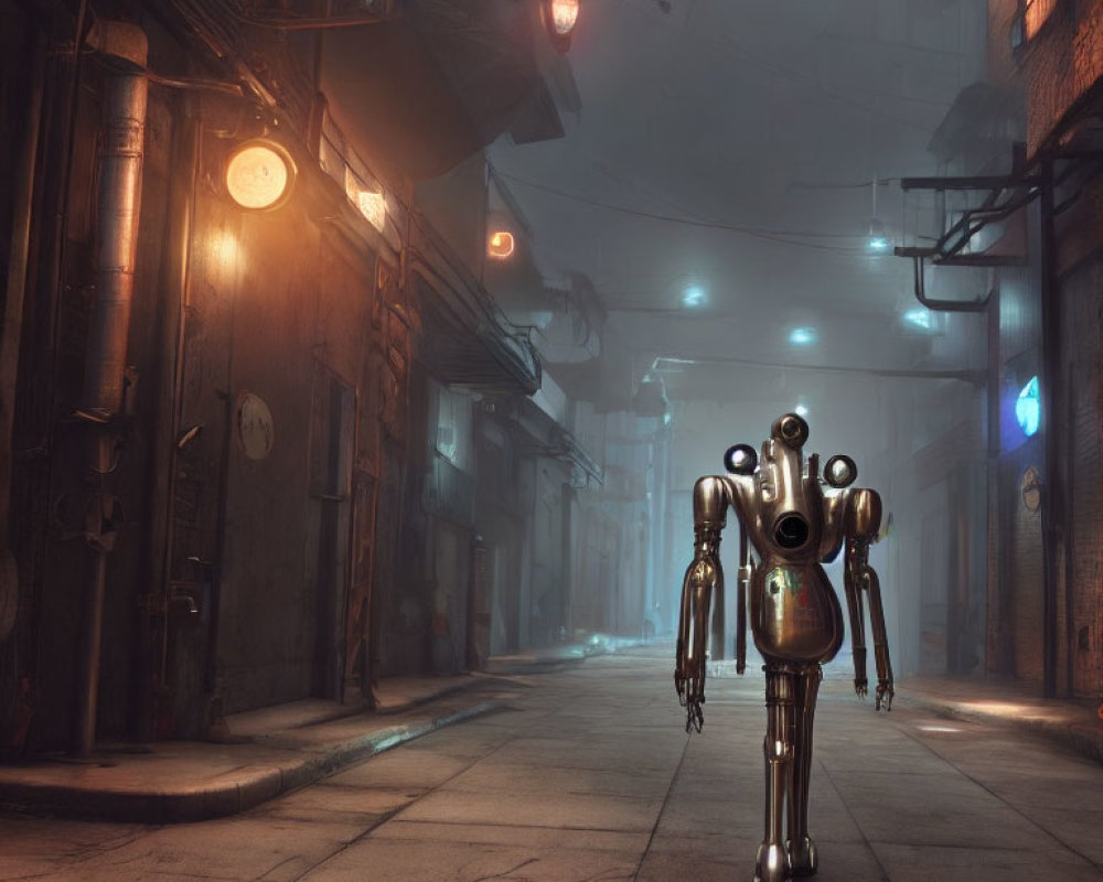 Shiny robot with optical sensors in foggy, dimly lit noir alleyway
