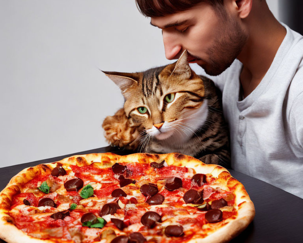 Man and cat eyeing pepperoni pizza on table closely
