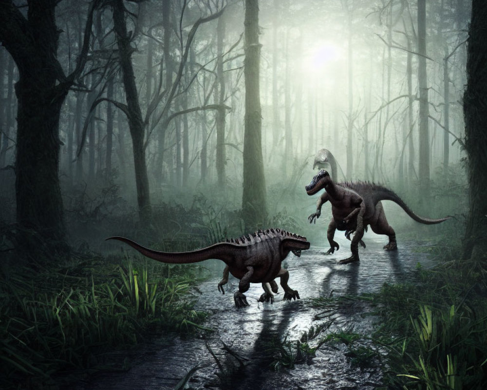 Prehistoric dinosaurs in misty forest with sunlight and watery path