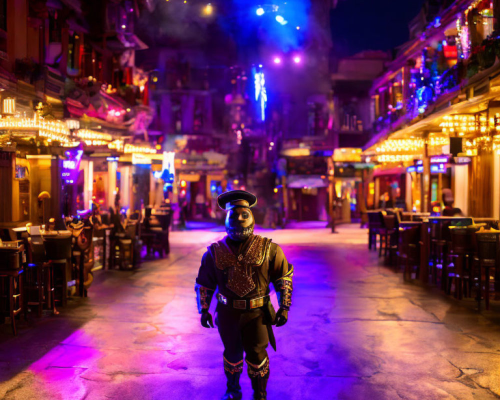 Futuristic costume in neon-lit street with traditional architecture