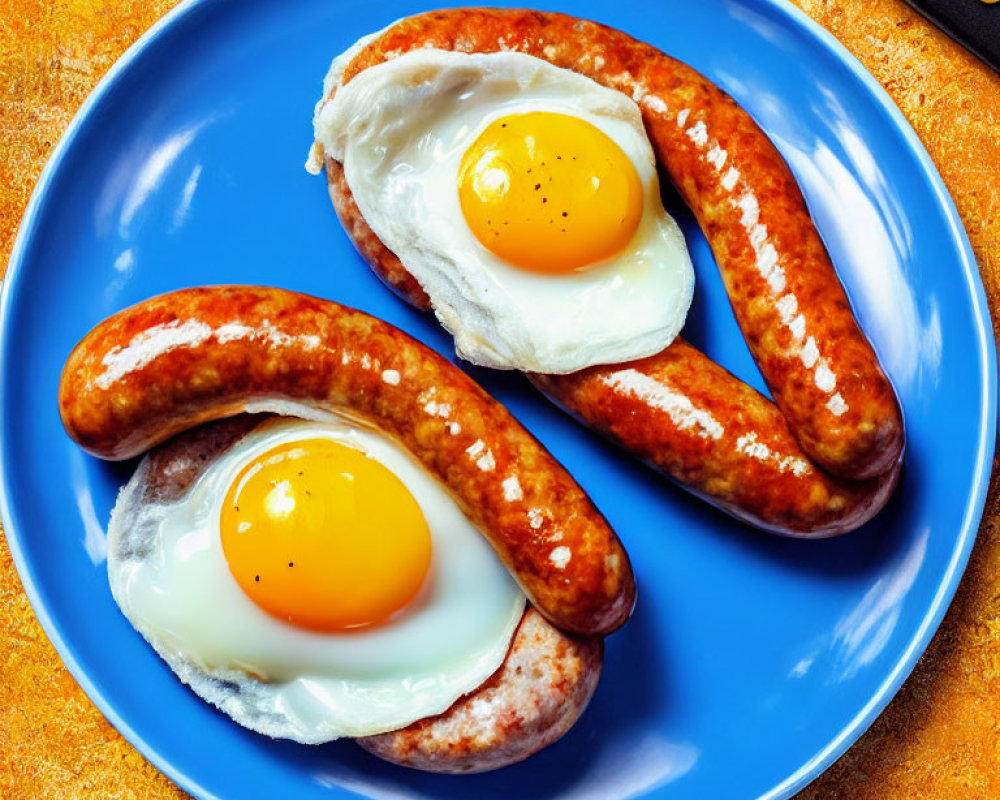 Blue plate with fried eggs and sausages on yellow background.