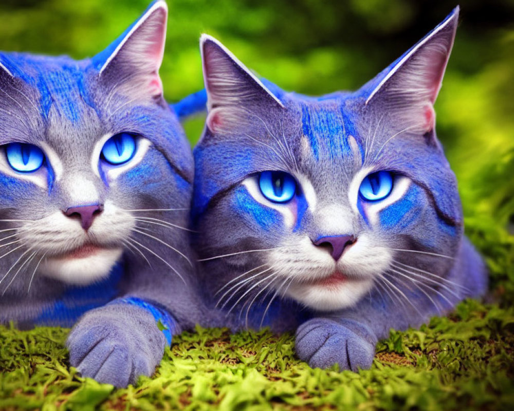 Three cats with blue fur and eyes on green grass in fantastical art