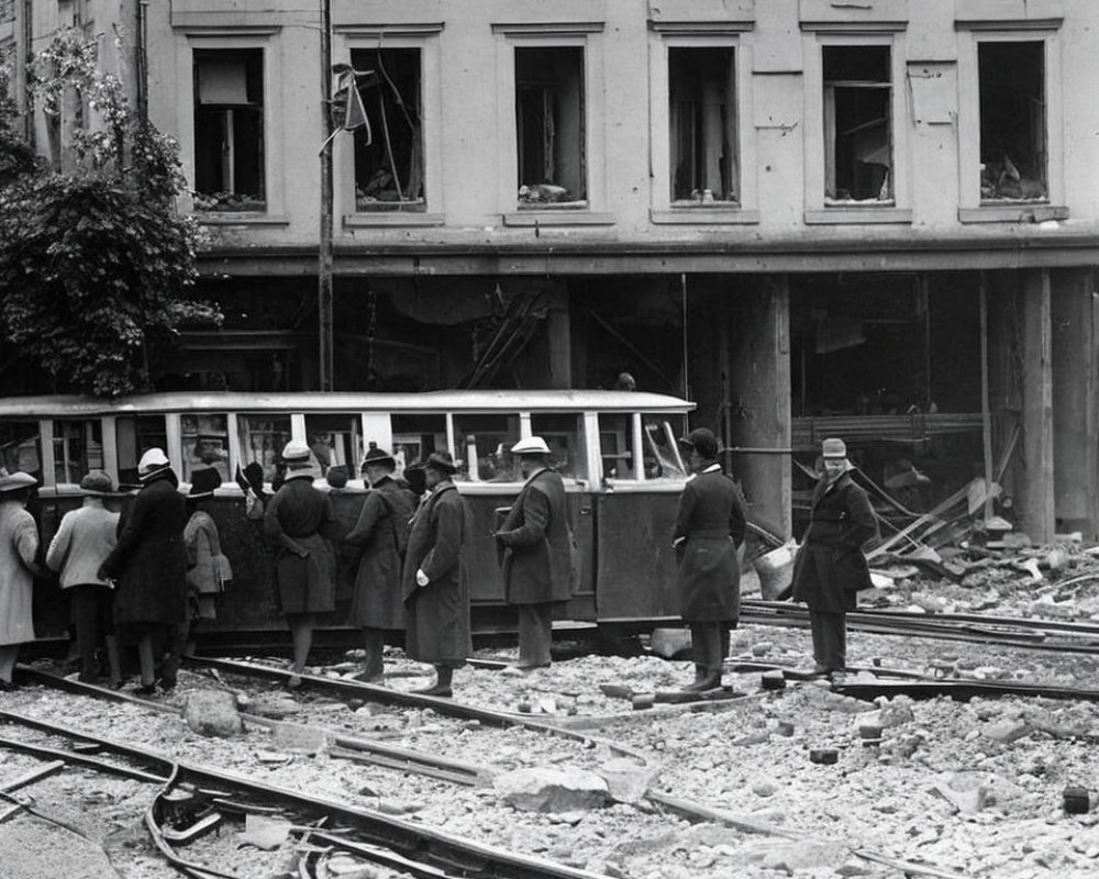 Passengers boarding tram in front of heavily damaged building