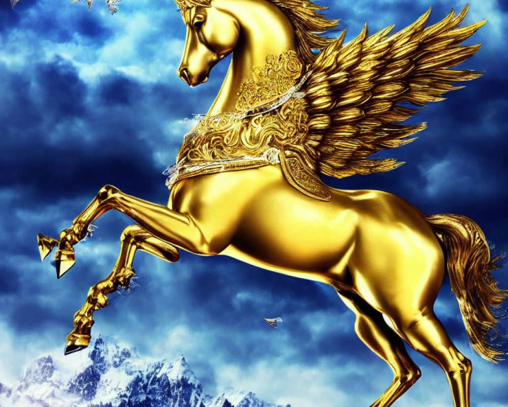 Golden Winged Horse with Mountain and Sky Scene in Intricate Design