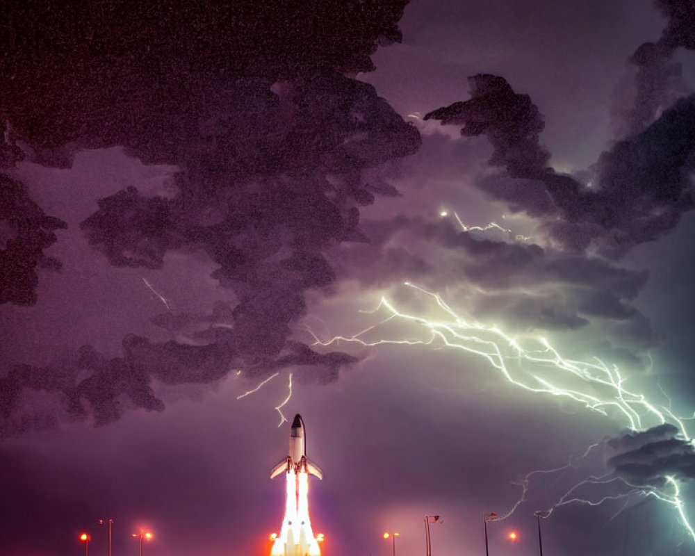 Night rocket launch under stormy sky with lightning.