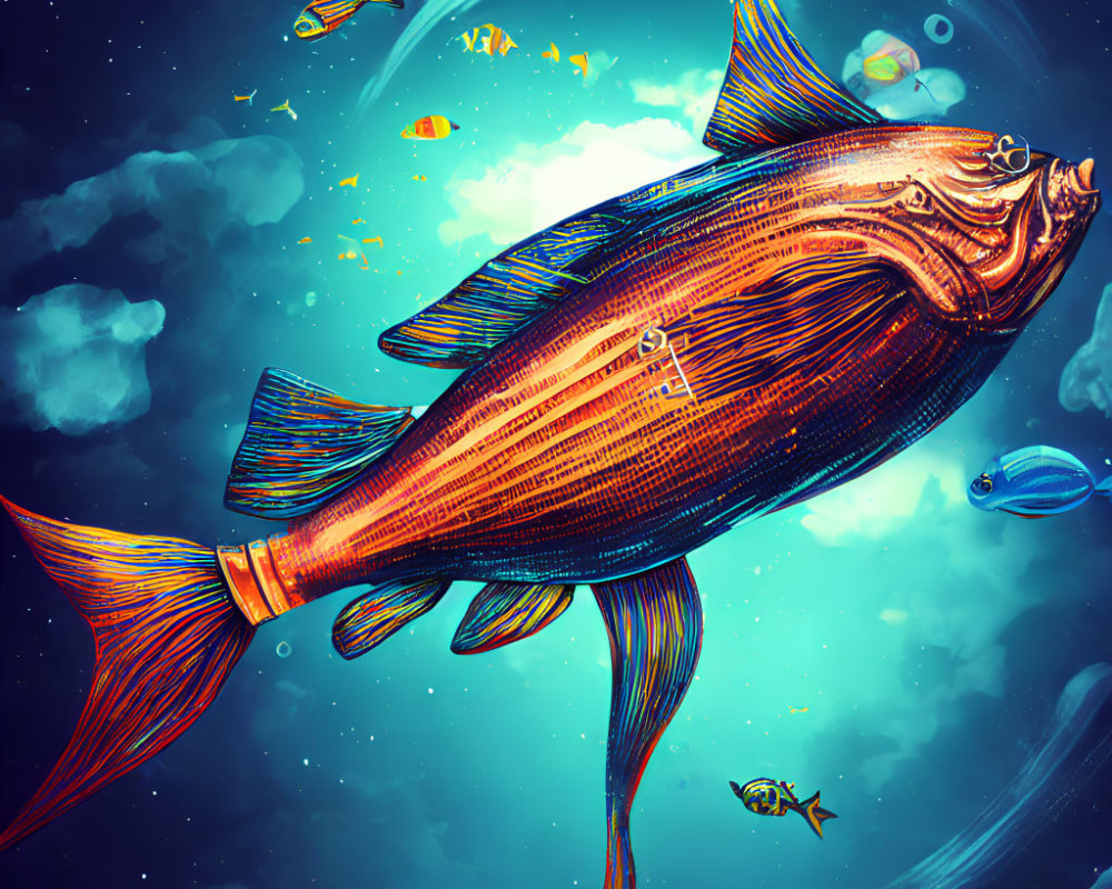 Colorful digital illustration: Oversized fish in space with planets and smaller fish.