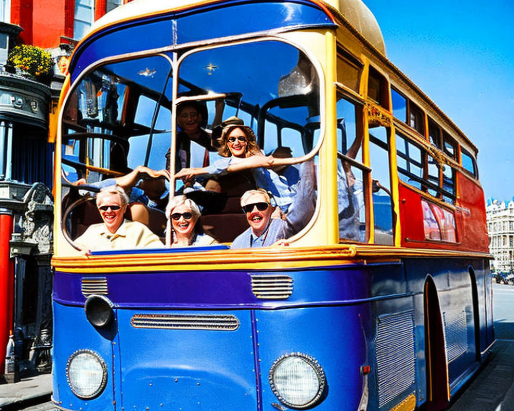 Cheerful people waving from vintage double-decker bus on sunny street