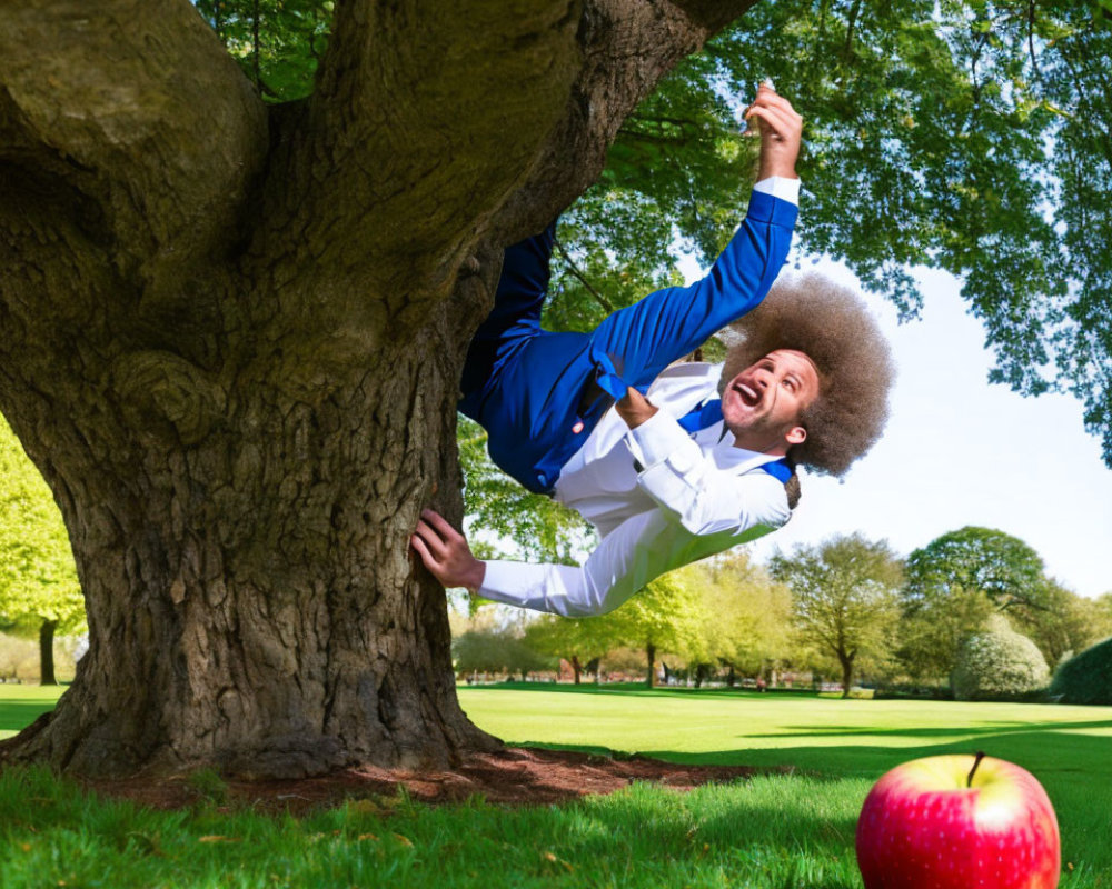 Person in Blue Suit Smiling Upside Down by Tree Branch with Red Apple
