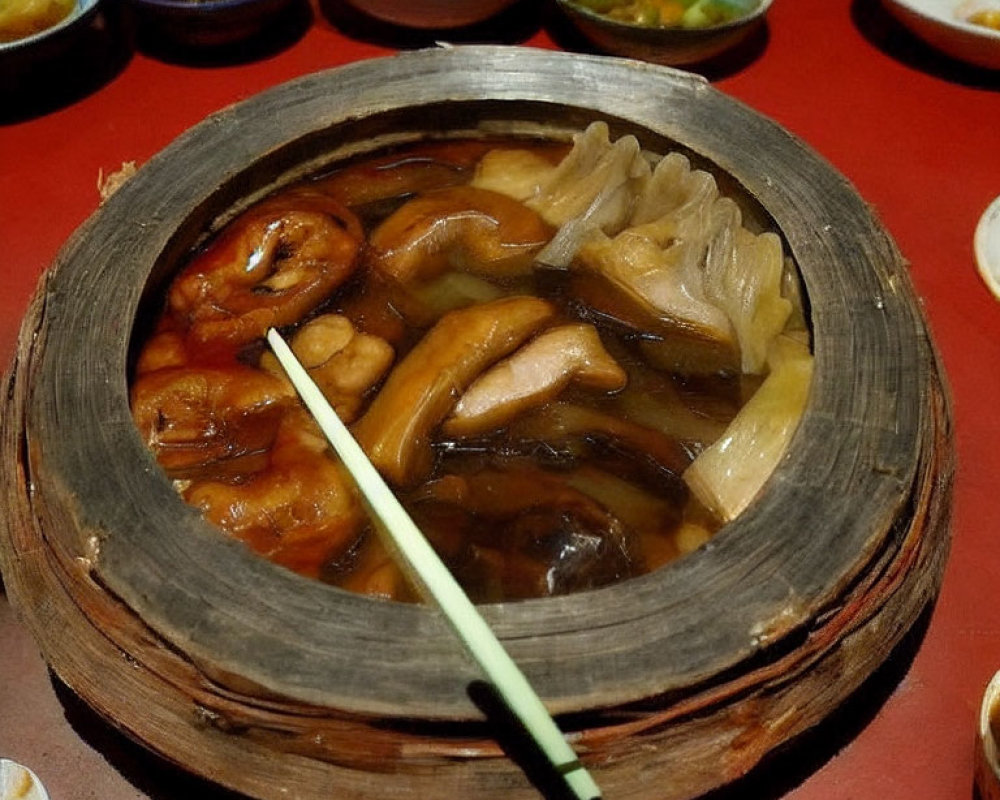 Vegetarian Asian dish with mushrooms, tofu, and vegetables in brown sauce