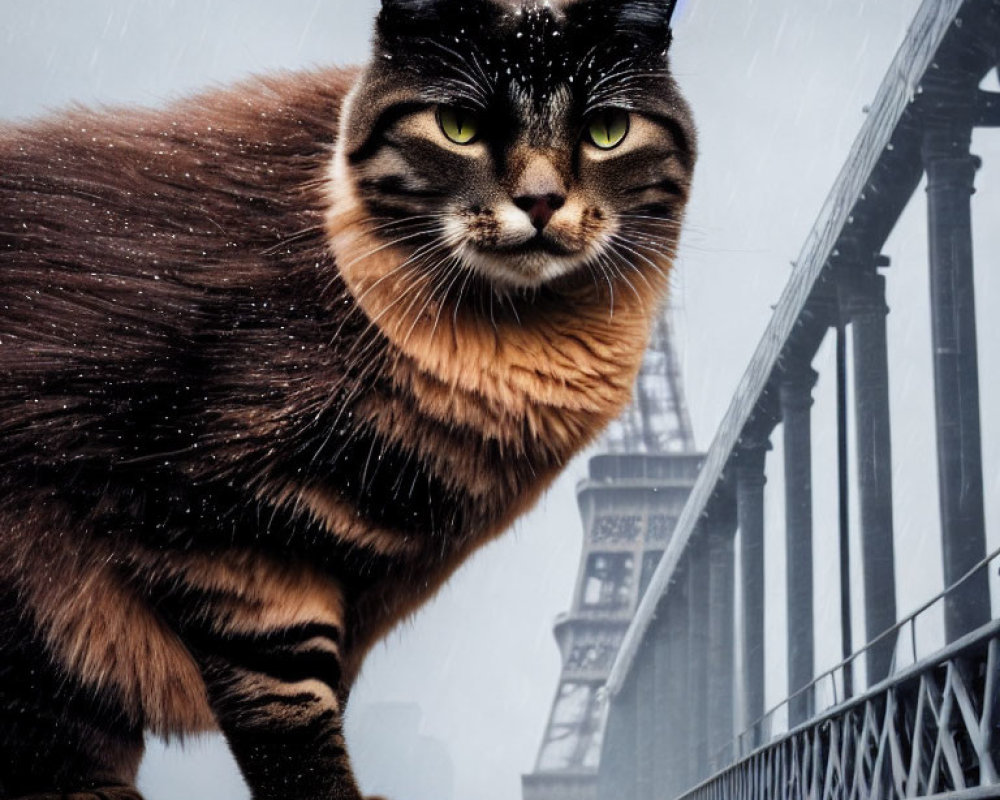 Striking green-eyed cat in snowfall by bridge