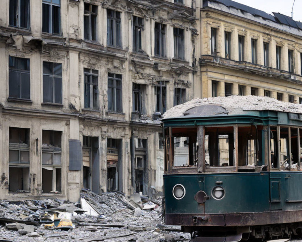 Abandoned tram on tracks among rubble and decay