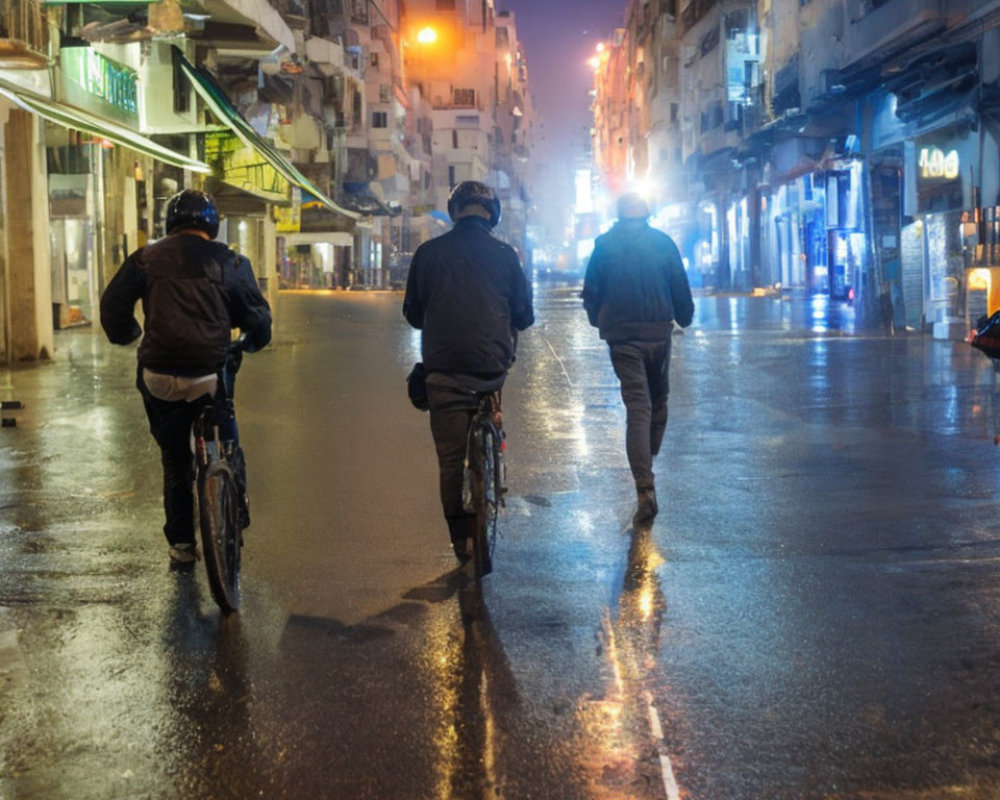 Night scene: Two cyclists and pedestrian on wet urban street