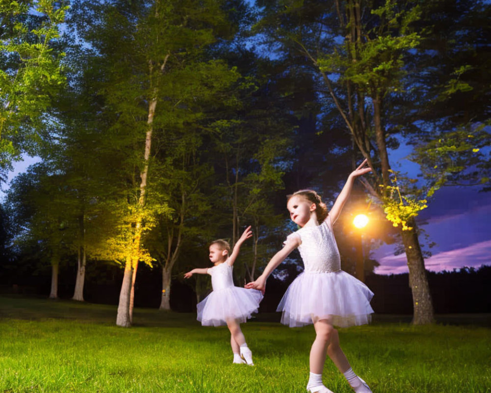 Young girls in white ballet dresses dancing on grass field at dusk with trees and lights.