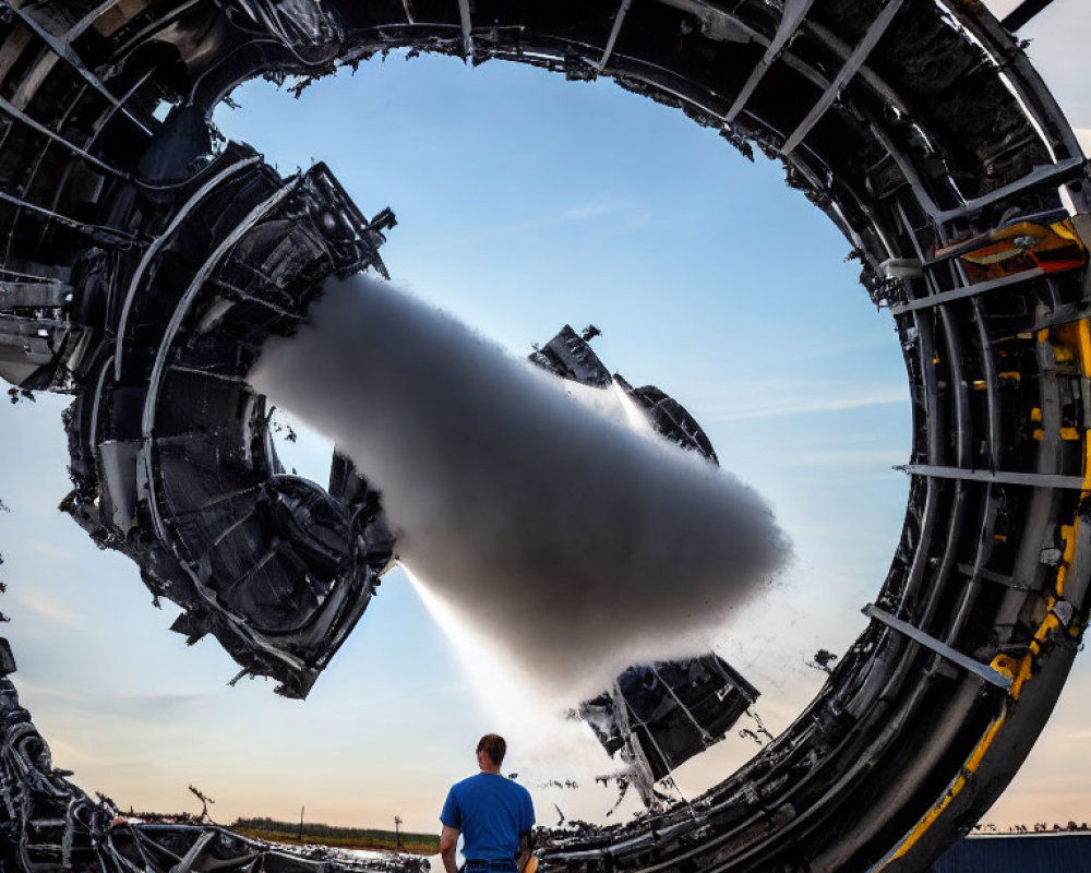 Man watching rocket engine test with massive exhaust plume
