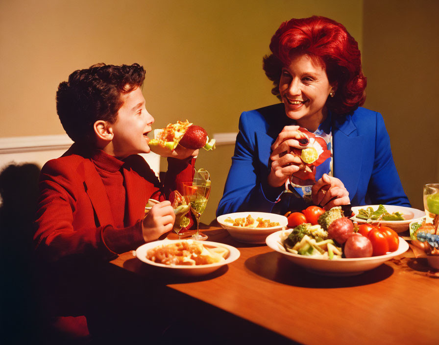 Boy and woman dining happily with healthy food and green drinks.