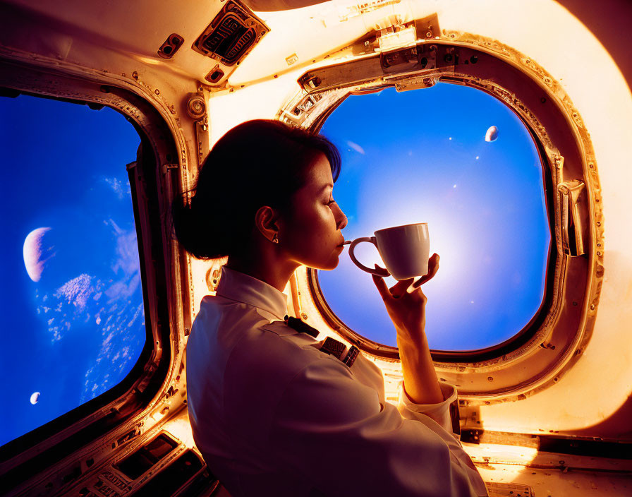 Uniformed person gazes out spacecraft window at Earth and moon.
