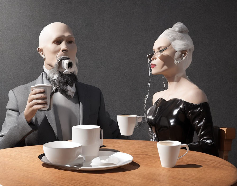 Surreal humanoid figures with stylish hair sipping tea at a table