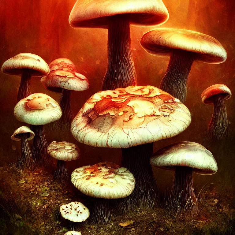 Mystical forest scene with oversized stylized mushrooms in warm autumnal tones