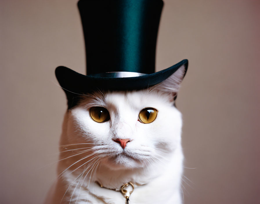 White Cat in Black Top Hat with Yellow Eyes on Neutral Background