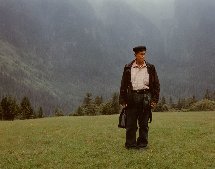 Person in beret and coat on grass with misty mountains.