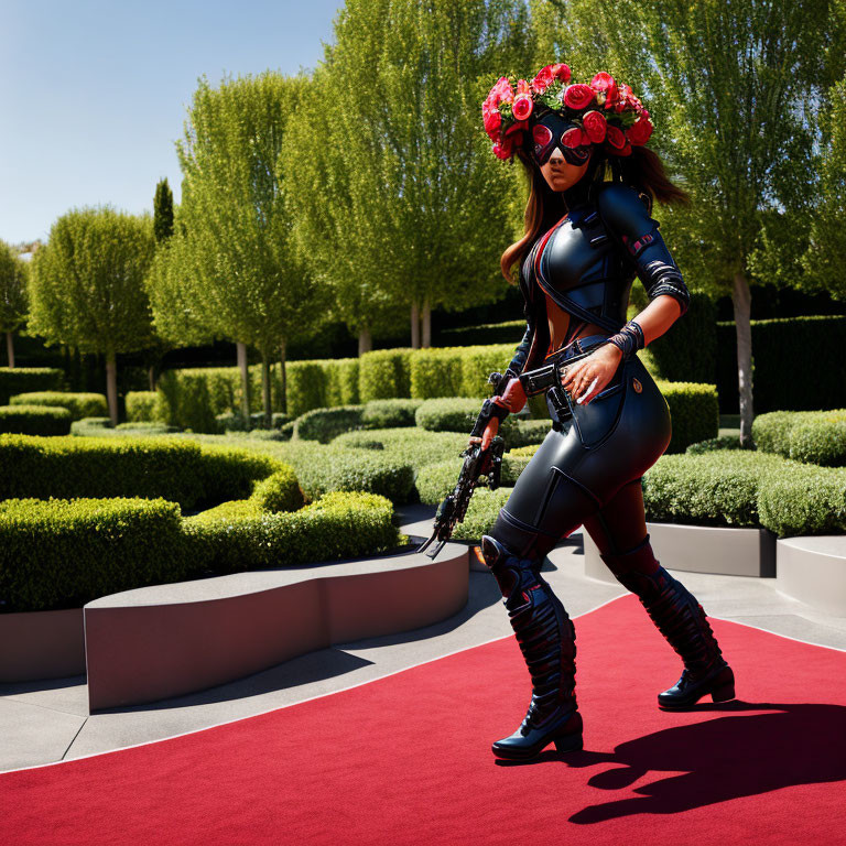 Person in Black Bodysuit with Red Floral Headgear Walking on Red Walkway surrounded by Green Bush