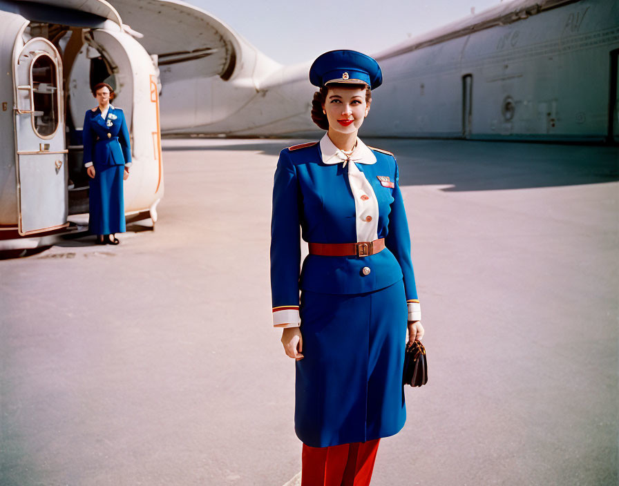 Flight attendant in blue uniform and red hat smiles with pilot and airplane in background