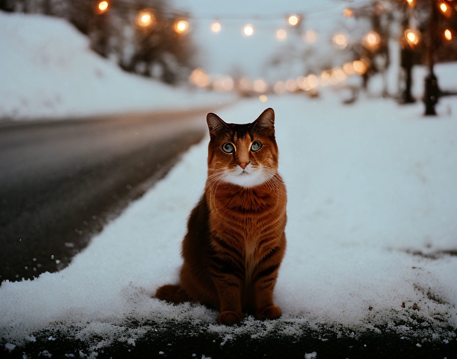 Orange and White Cat with Striking Eyes on Snow-Lined Road at Twilight