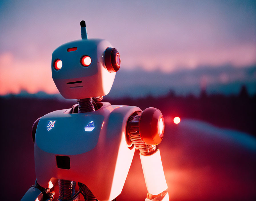 Humanoid Robot with Red Glowing Eyes Outdoors at Sunset Sky