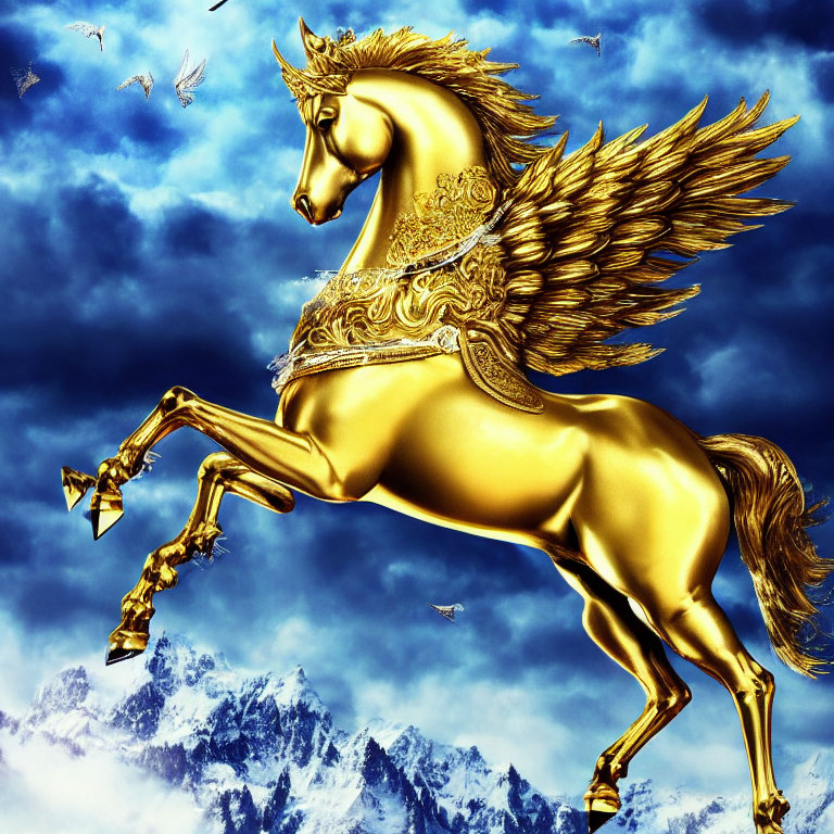 Golden Winged Horse with Mountain and Sky Scene in Intricate Design