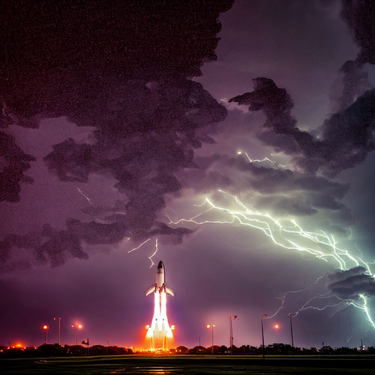 Night rocket launch under stormy sky with lightning.
