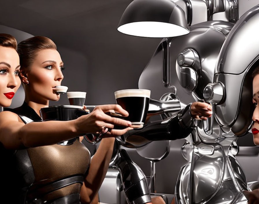 Futuristic women getting coffee from robot in modern setting
