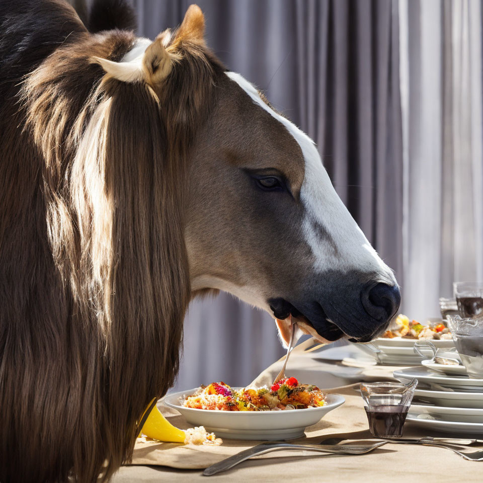 Horse with flowing mane eating at dining table under sunlight