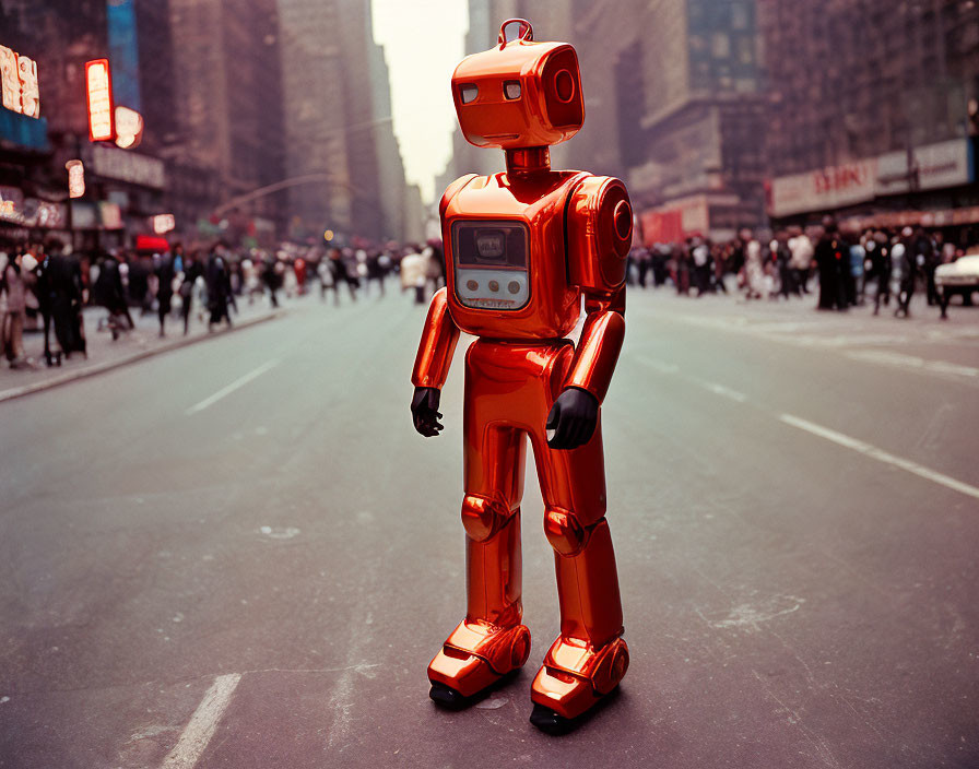 Orange Retro-Styled Robot in Busy City Street