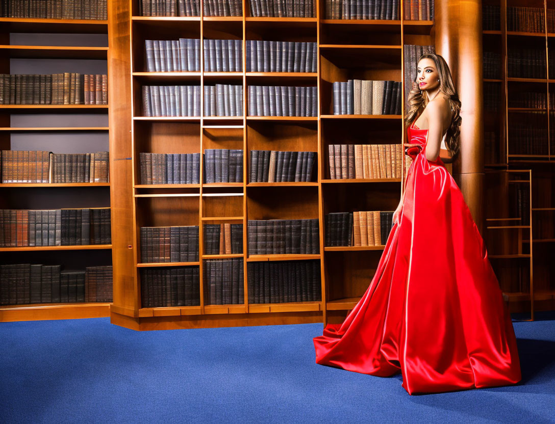 Woman in Red Gown Poses in Library Full of Books