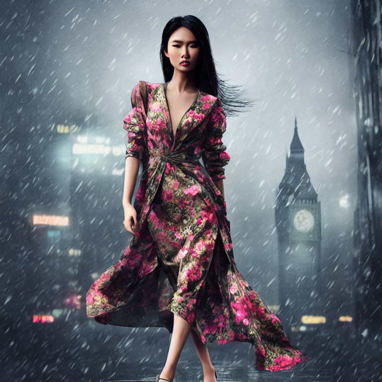 Woman in floral dress at night with Big Ben and falling snow