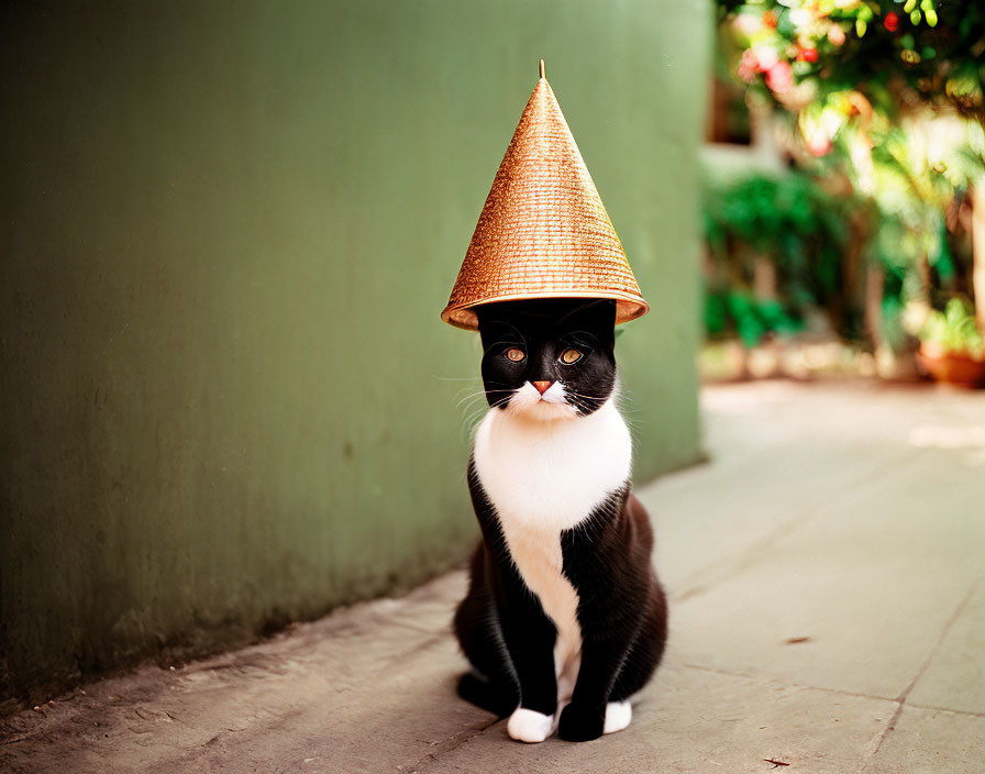 Tuxedo cat in conical hat on sunlit path by green wall