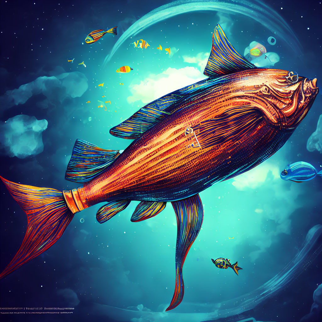 Colorful digital illustration: Oversized fish in space with planets and smaller fish.