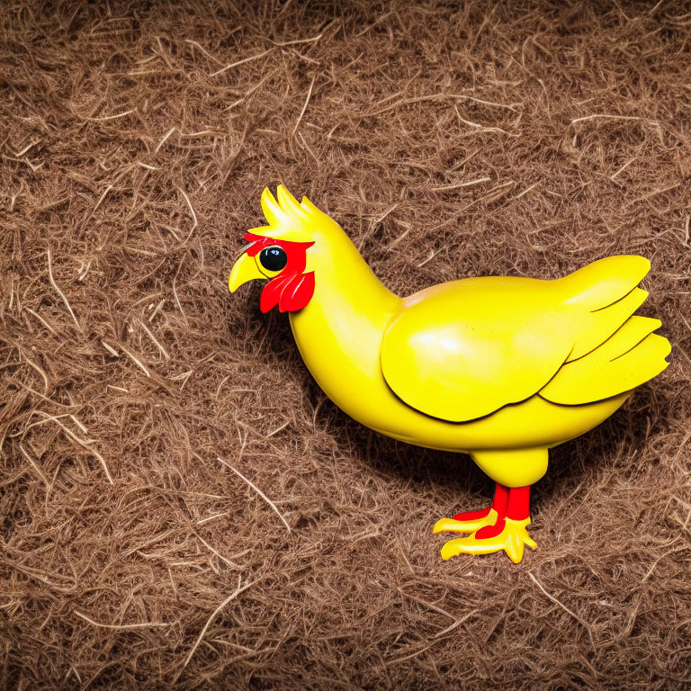 Yellow Plastic Chicken Toy on Textured Brown Background