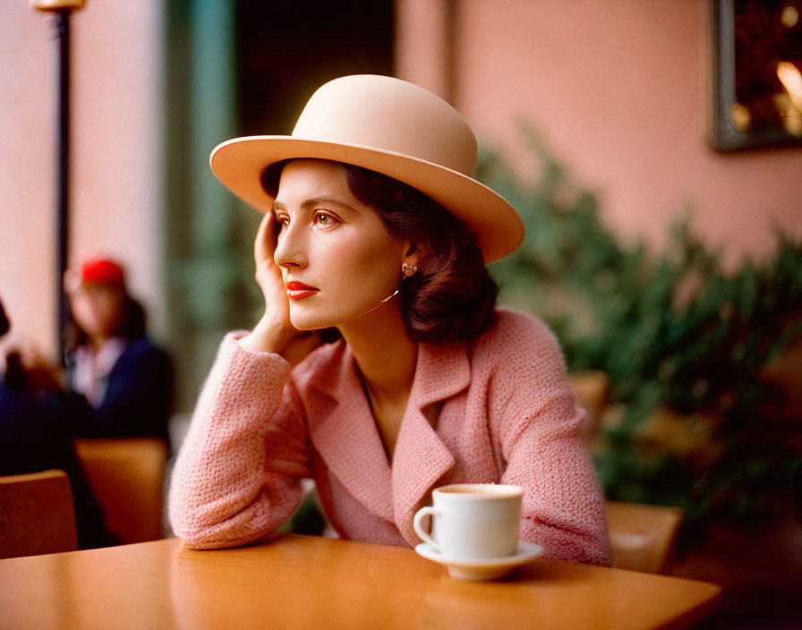 Woman in pink outfit at cafe table with coffee cup.