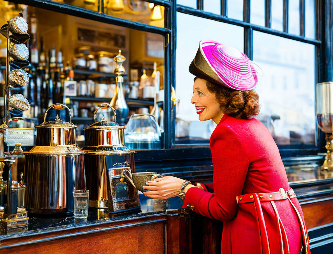 Smiling woman in red coat and striped hat looking into shop window with antique coffee grinder
