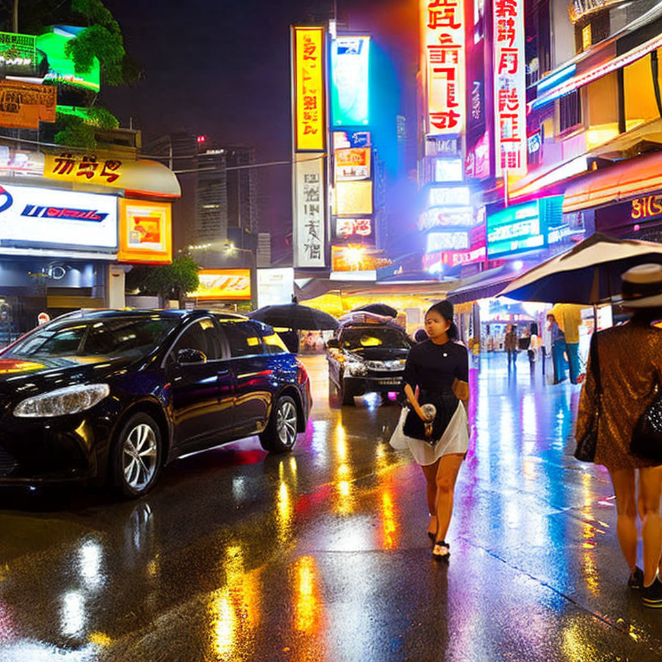 Busy City Street at Night: Neon Signs, Pedestrians with Umbrellas, Rainy Reflections