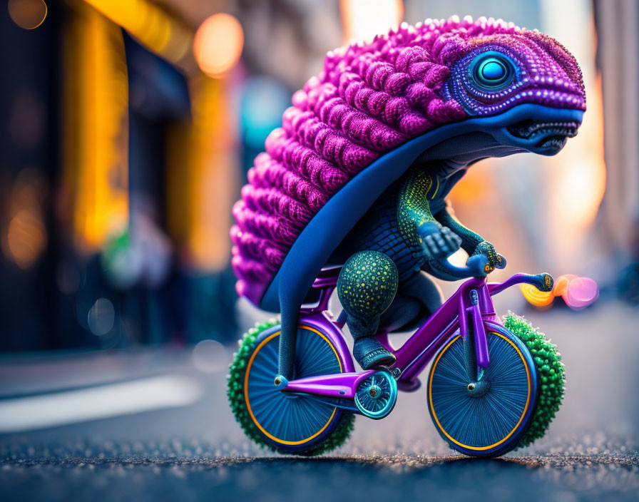 Purple Chameleon Riding Bicycle in Urban Setting