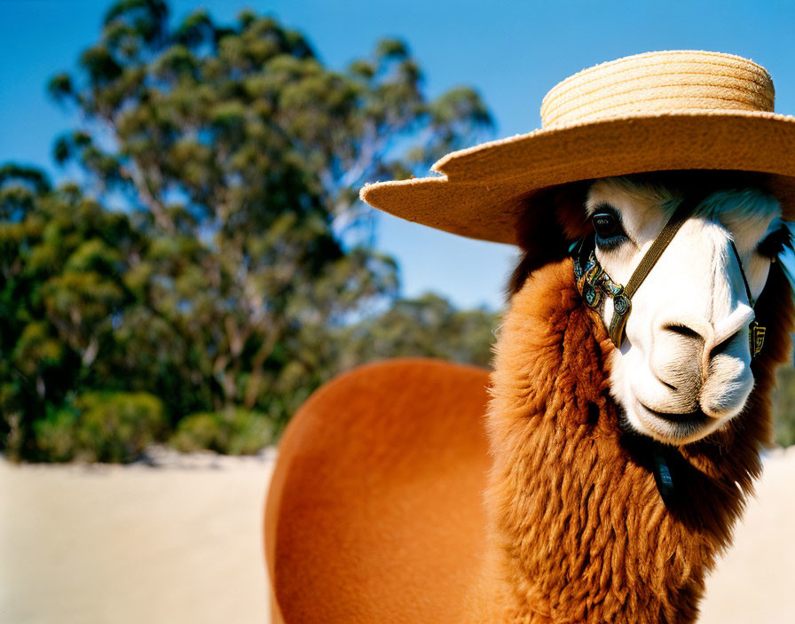 Colorful llama with straw hat and tassels in sunny outdoor setting