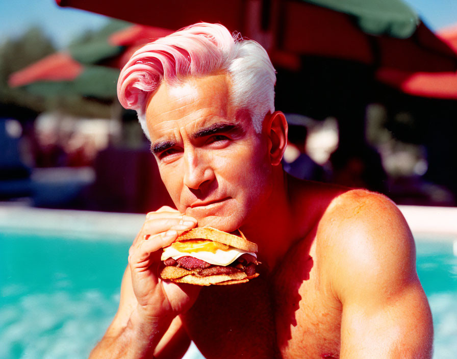 Pink-Haired Man Eating Burger by Pool in Tank Top Under Sun
