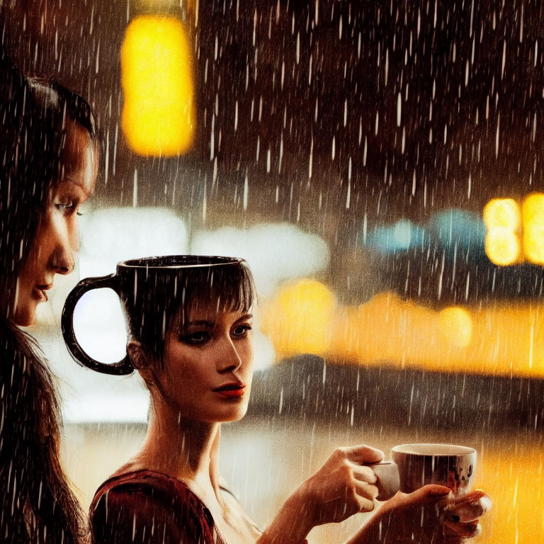 Digitally altered image: Two women with coffee cup hairstyles, city lights bokeh.